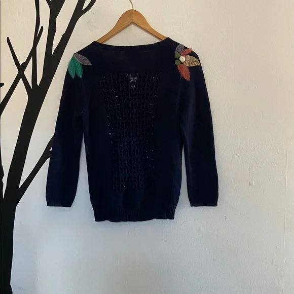 Anthropologie Mona Mabel navy cardigan with mixed media floral appliqués - Picture 13 of 16